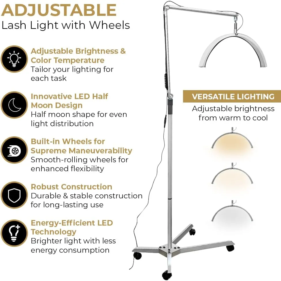 Existing Beauty Lash Light for Eyelash Tech with Wheels - LED Half Moon Lamp - Adjustable Brightness, Warm to Cool Light - Esthetician Lamp for Lash Techs and Makeup Studios - Easy Setup