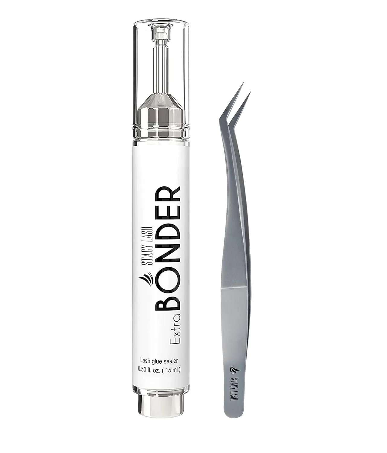 Extra Bonder & Stacy Lash STL-12 Curved L-Shaped Tweezers/Super Sealer/Prevents Adhesive Shock Polymerization/Precision Stainless Steel Tool/Angled Tips/Professional Supplies