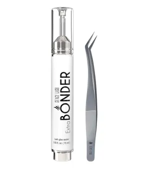 Extra Bonder & Stacy Lash STL-12 Curved L-Shaped Tweezers/Super Sealer/Prevents Adhesive Shock Polymerization/Precision Stainless Steel Tool/Angled Tips/Professional Supplies