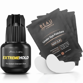 Extreme Hold Eyelash Extension Glue   100 Pairs Under Eye Pads | Black Lash Adhesive for Long Lasting Semi Permanent Individual Lash Extensions | Lint Free Hydrogel Eye Patches | Vitamin C & Aloe Vera