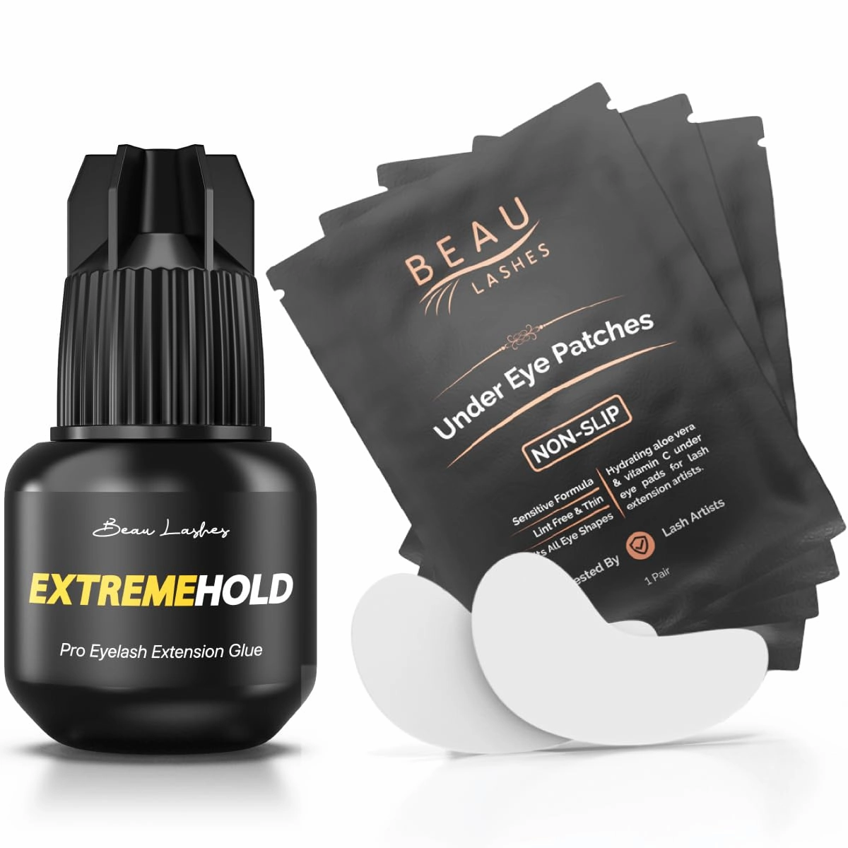 Extreme Hold Eyelash Extension Glue   100 Pairs Under Eye Pads | Black Lash Adhesive for Long Lasting Semi Permanent Individual Lash Extensions | Lint Free Hydrogel Eye Patches | Vitamin C & Aloe Vera