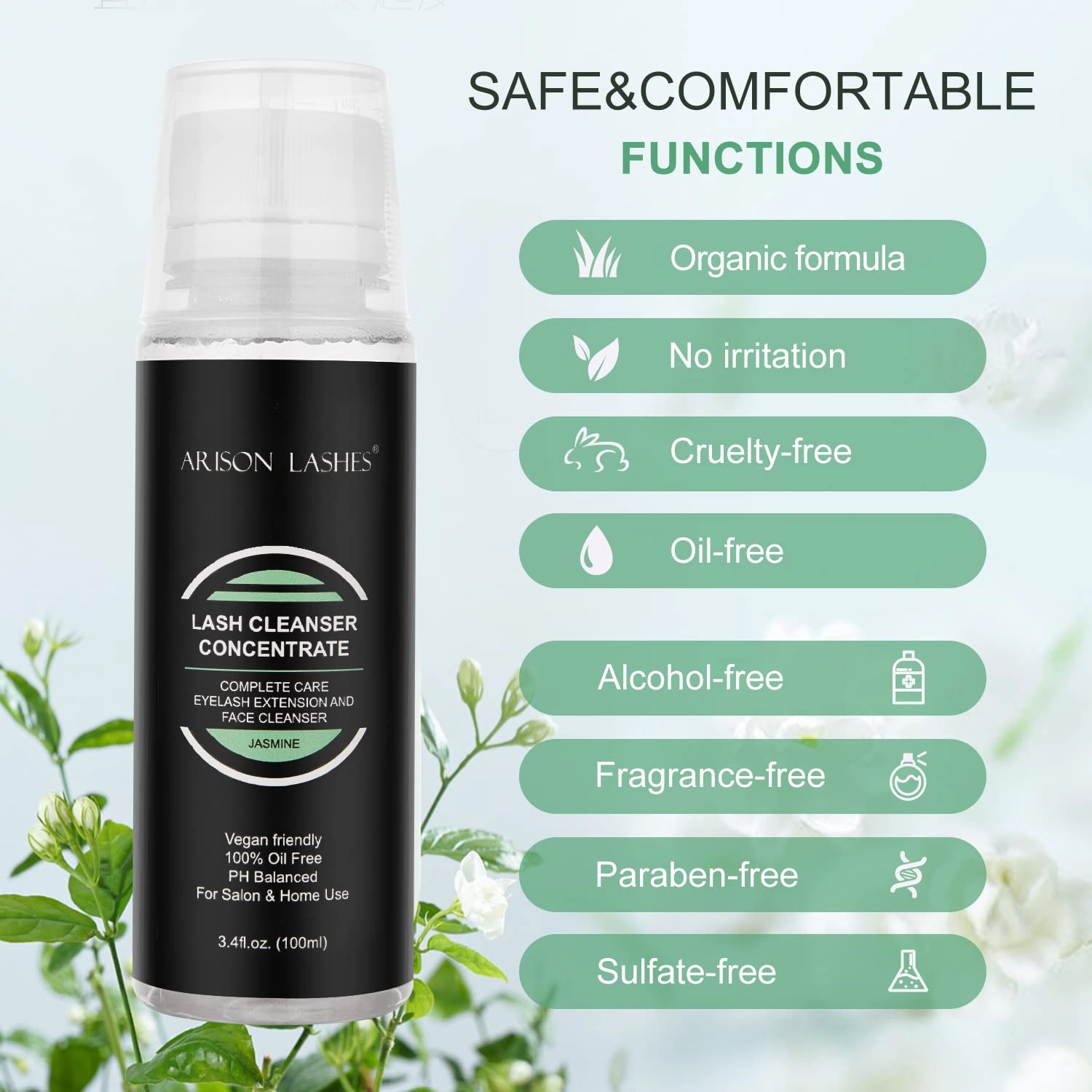 Eyelash Cleanser Concentrate 100ml Professional Lash Extensions Shampoo Natural Foaming Cleanser for Extensions Lashes with Salon Home Care-Makes 20 Bottles 60ml Eyelash Shampoo(jasmine)