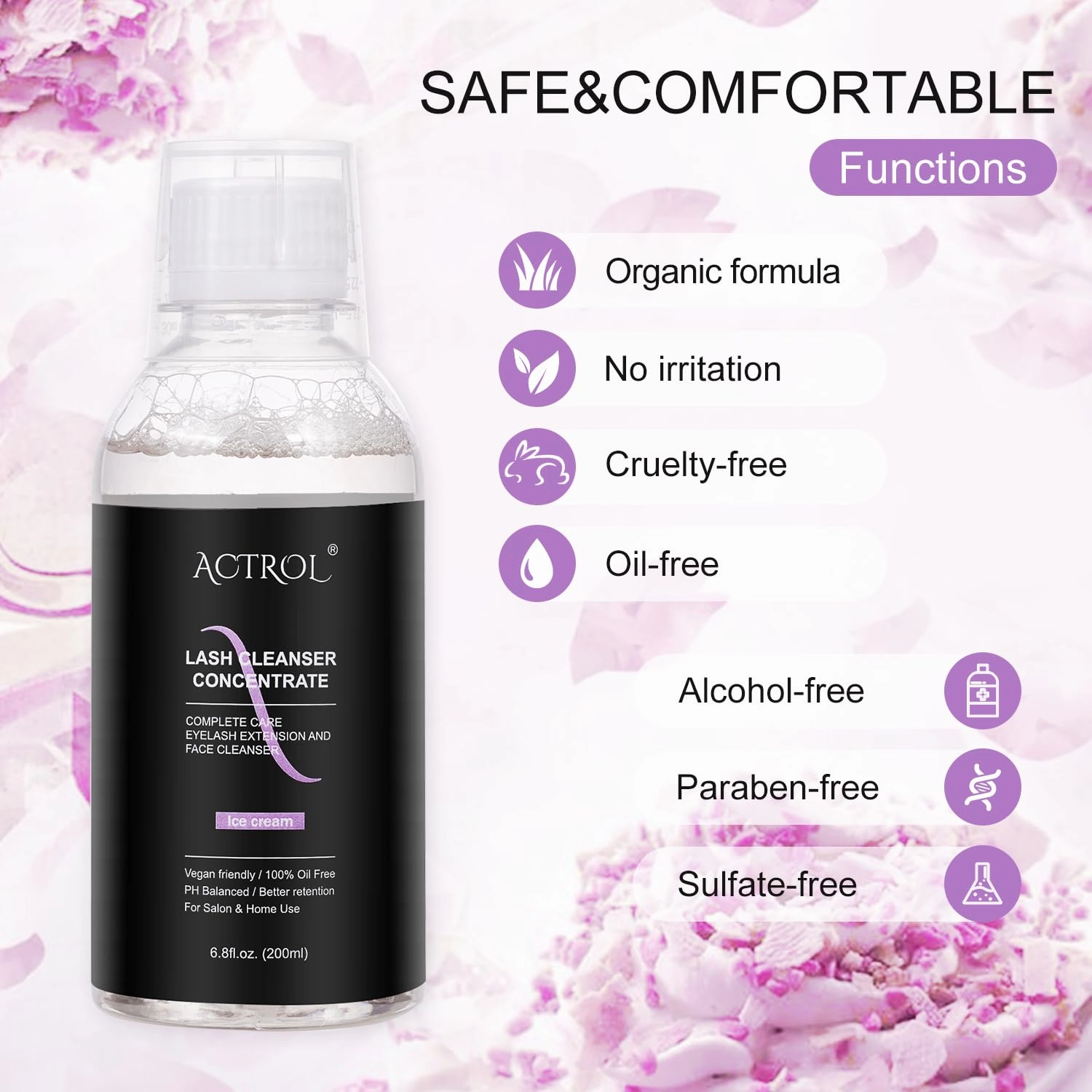 Eyelash Cleanser Concentrate 200ml Ice Cream Professional Lash Shampoo Foaming Cleanser DIY Paraben & Sulfate Free Non-lrritating Wash for Extensions Lashes with Salon Home Care-Makes 20 Bottles