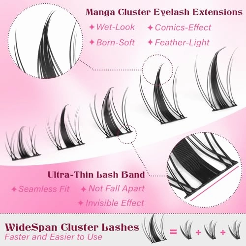 Fairy Lash Clusters Kit 8-16mm Manga Eyelash Clusters with 5-6mm Bottom Lashes C Curl Lash Extension Kit Spiky Anime Individual Lashes DIY Cluster Eyelash Extensions Kit Natural Thin Band Lash Kit