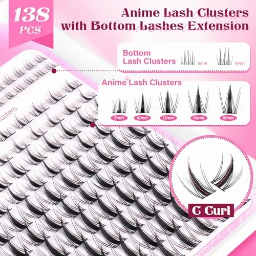 Fairy Lash Clusters Kit 8-16mm Manga Eyelash Clusters with 5-6mm Bottom Lashes C Curl Lash Extension Kit Spiky Anime Individual Lashes DIY Cluster Eyelash Extensions Kit Natural Thin Band Lash Kit