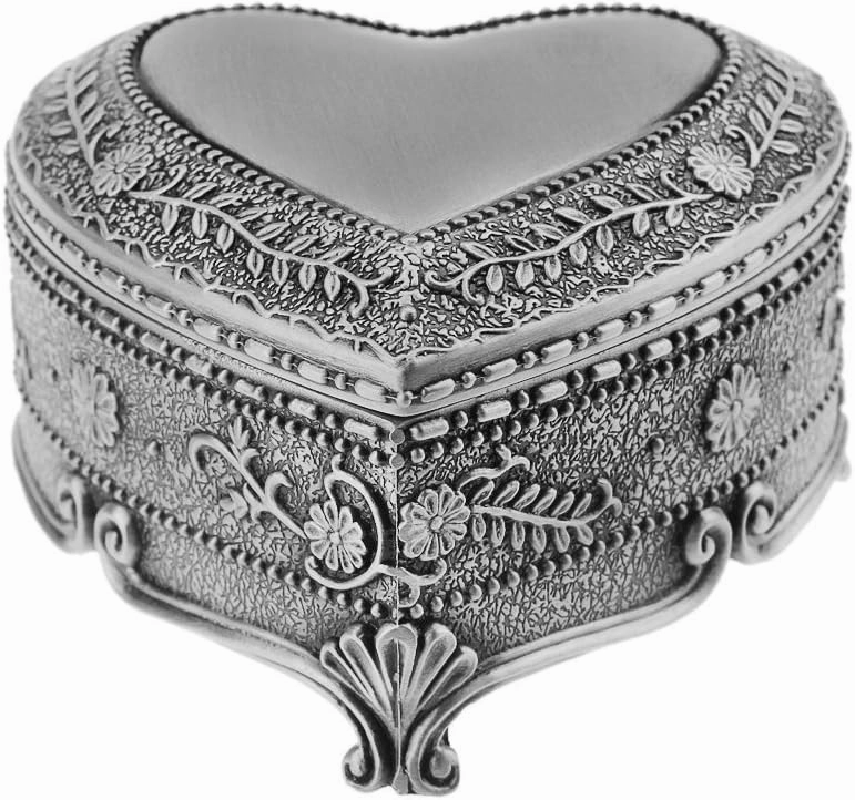 FakeFace Vintage Antique Silver Chest Box Heart Shape Tin Jewelry Box Classic Retro Storage Organizer (Heart Silver)