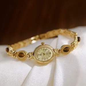 FANMIS Gold Tone Watches for Women with Small Vintage Bracelet Elegant Jade Oval Dial Dress Watch Fashion Quartz Wrist Watch Waterproof Watch