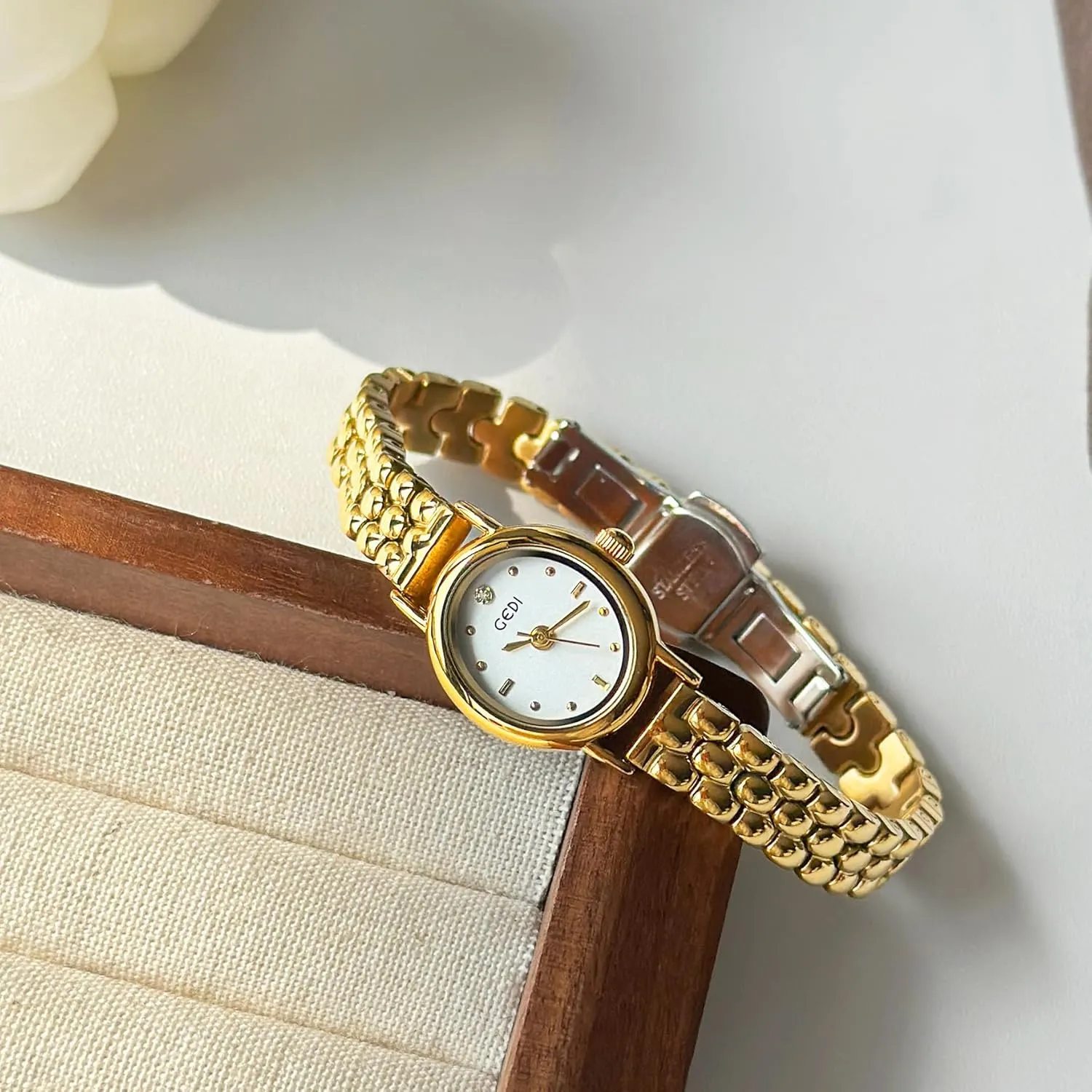 FANMIS Vintage Small Golden Bracelet Women’s Watches Dainty Minimalism Oval Dress Bangle Watch Easy to Read Waterproof Wristwatch,Adjustable Stainless Steel & Expansion Band