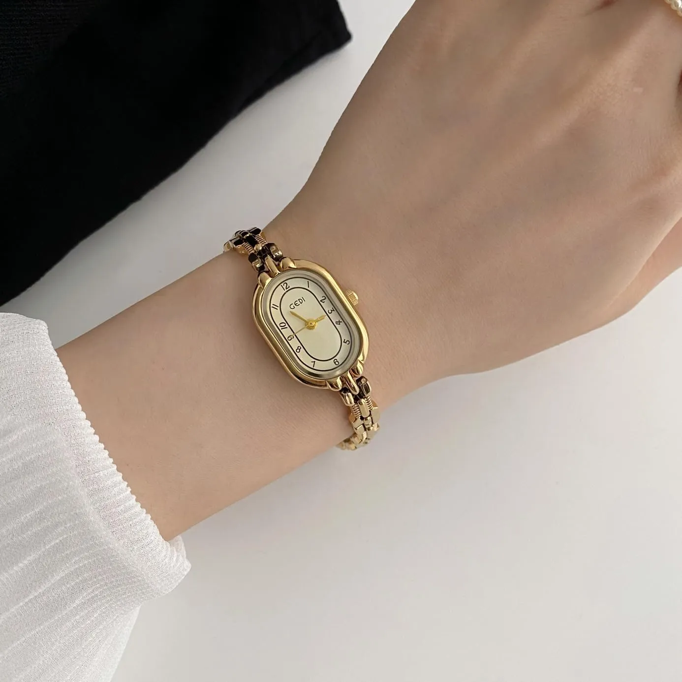 FANMIS Women's Vintage Oval Watches Luxury Minimalism Bracelet Small Gold Watch Ladies Analog Waterproof Watch Fashion Bangle Bracelet Dress Watch with Stainless Steel Band