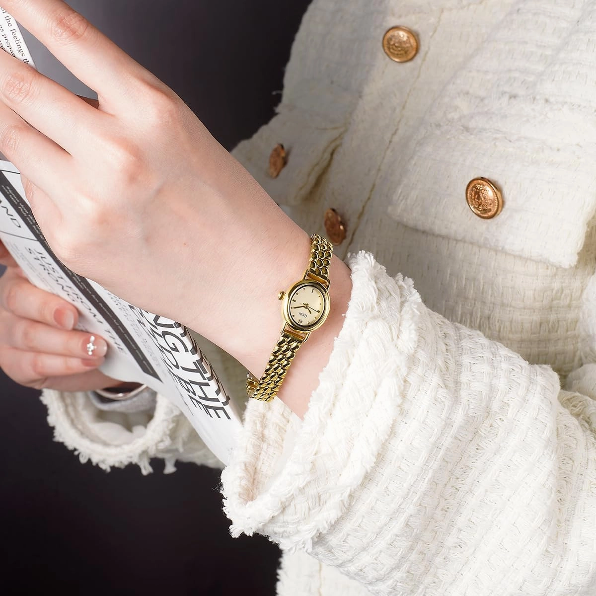 FANMIS Vintage Small Golden Bracelet Women’s Watches Dainty Minimalism Oval Dress Bangle Watch Easy to Read Waterproof Wristwatch,Adjustable Stainless Steel & Expansion Band