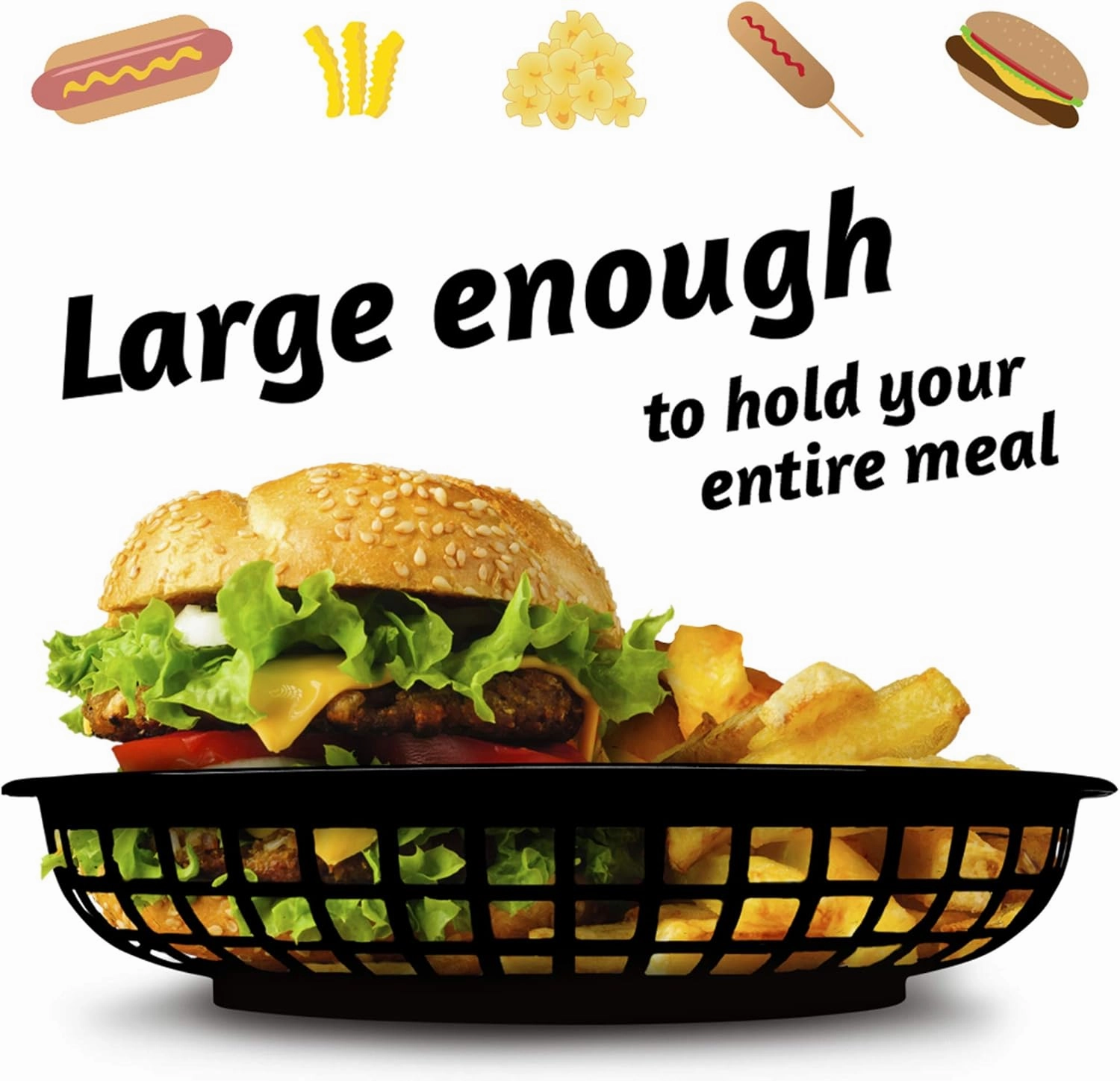 Fast Food Baskets - Classic Plastic Fry Basket, Oval-shaped Tray Design - Great for Fast Food Restaurant Supplies, Deli Serving, Bread Baskets, Chicken, Burgers, Sandwiches & Fries (36-pack, Black)