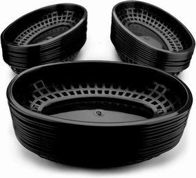 Fast Food Baskets - Classic Plastic Fry Basket, Oval-shaped Tray Design - Great for Fast Food Restaurant Supplies, Deli Serving, Bread Baskets, Chicken, Burgers, Sandwiches & Fries (36-pack, Black)