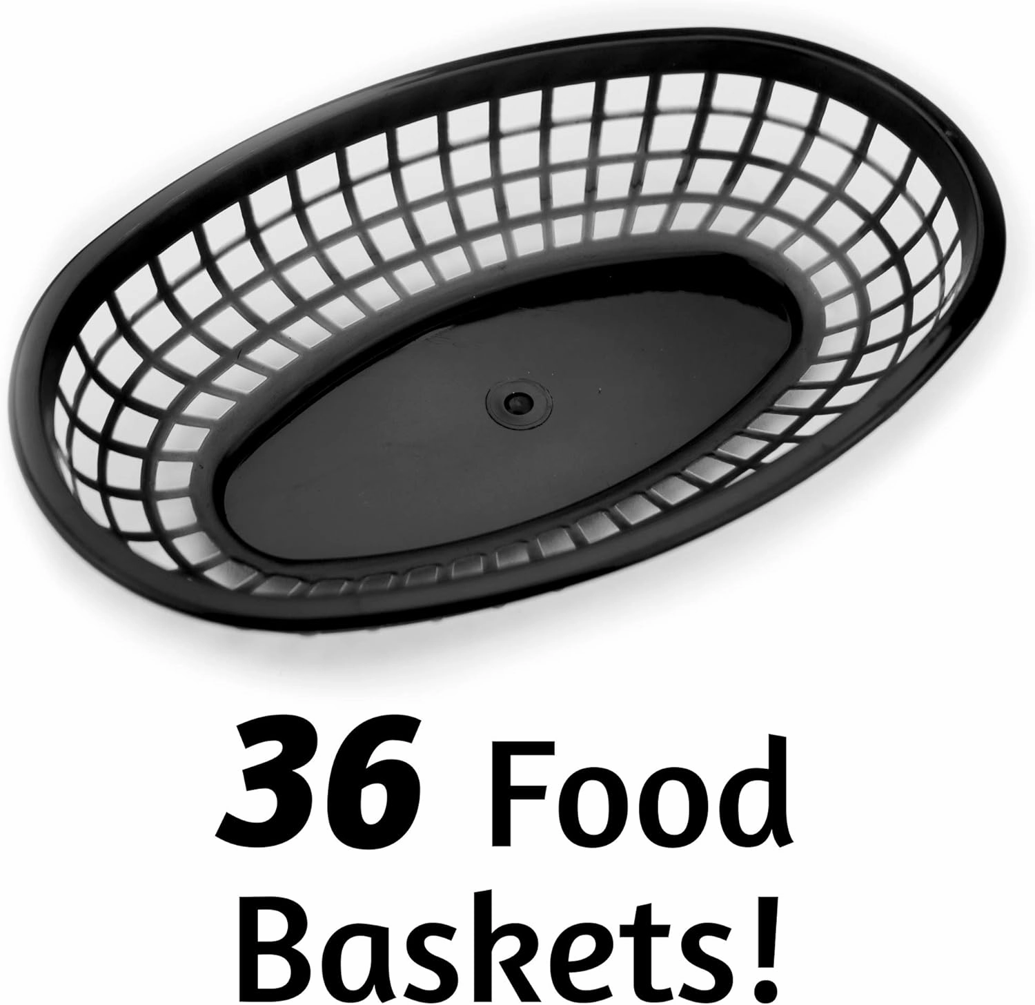 Fast Food Baskets - Classic Plastic Fry Basket, Oval-shaped Tray Design - Great for Fast Food Restaurant Supplies, Deli Serving, Bread Baskets, Chicken, Burgers, Sandwiches & Fries (36-pack, Black)