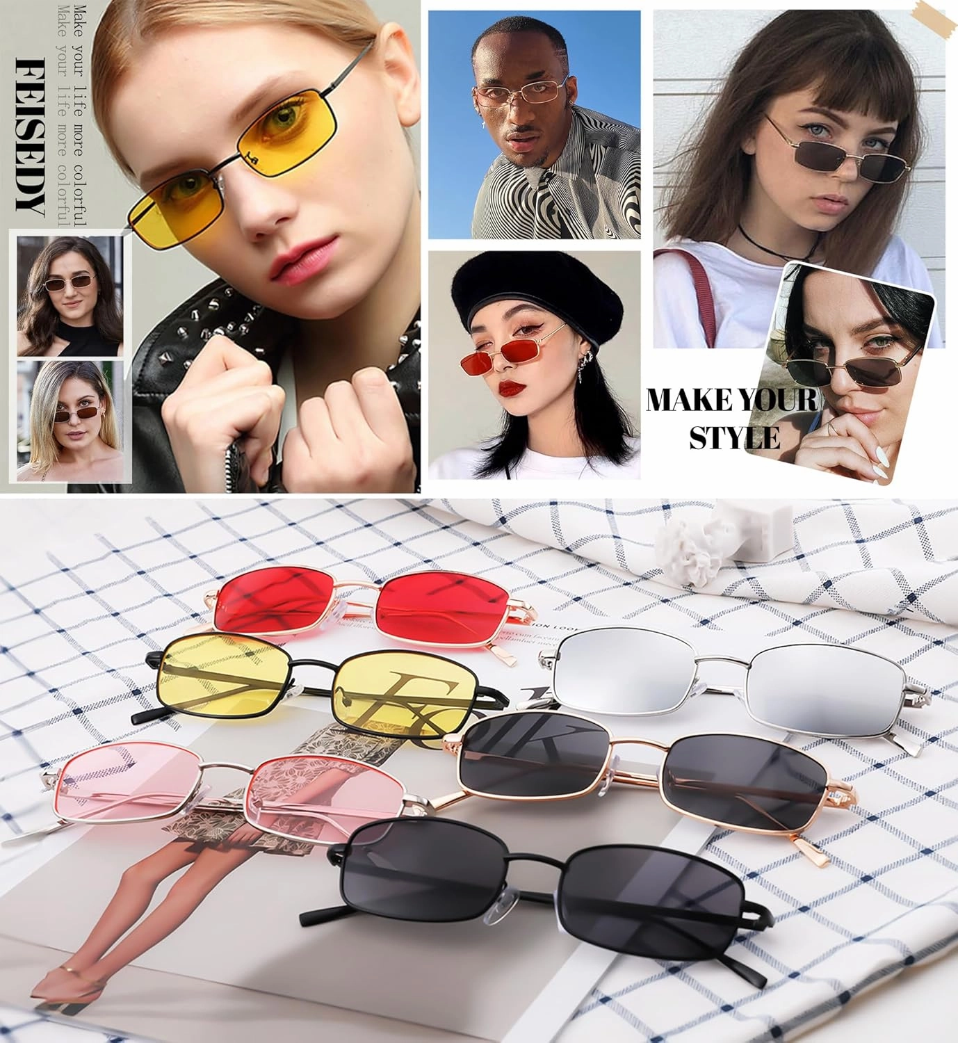 FEISEDY Vintage Small Rectangle Sunglasses Women Men Retro Trendy Square Metal Frame Sun Glasses B2295