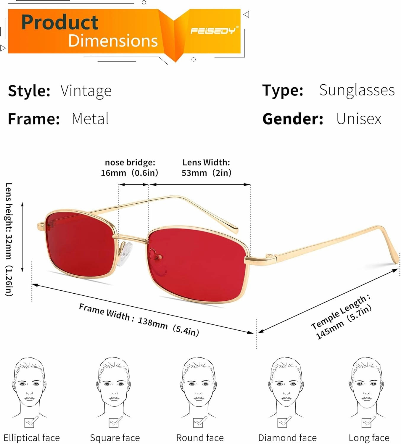 FEISEDY Vintage Small Rectangle Sunglasses Women Men Retro Trendy Square Metal Frame Sun Glasses B2295