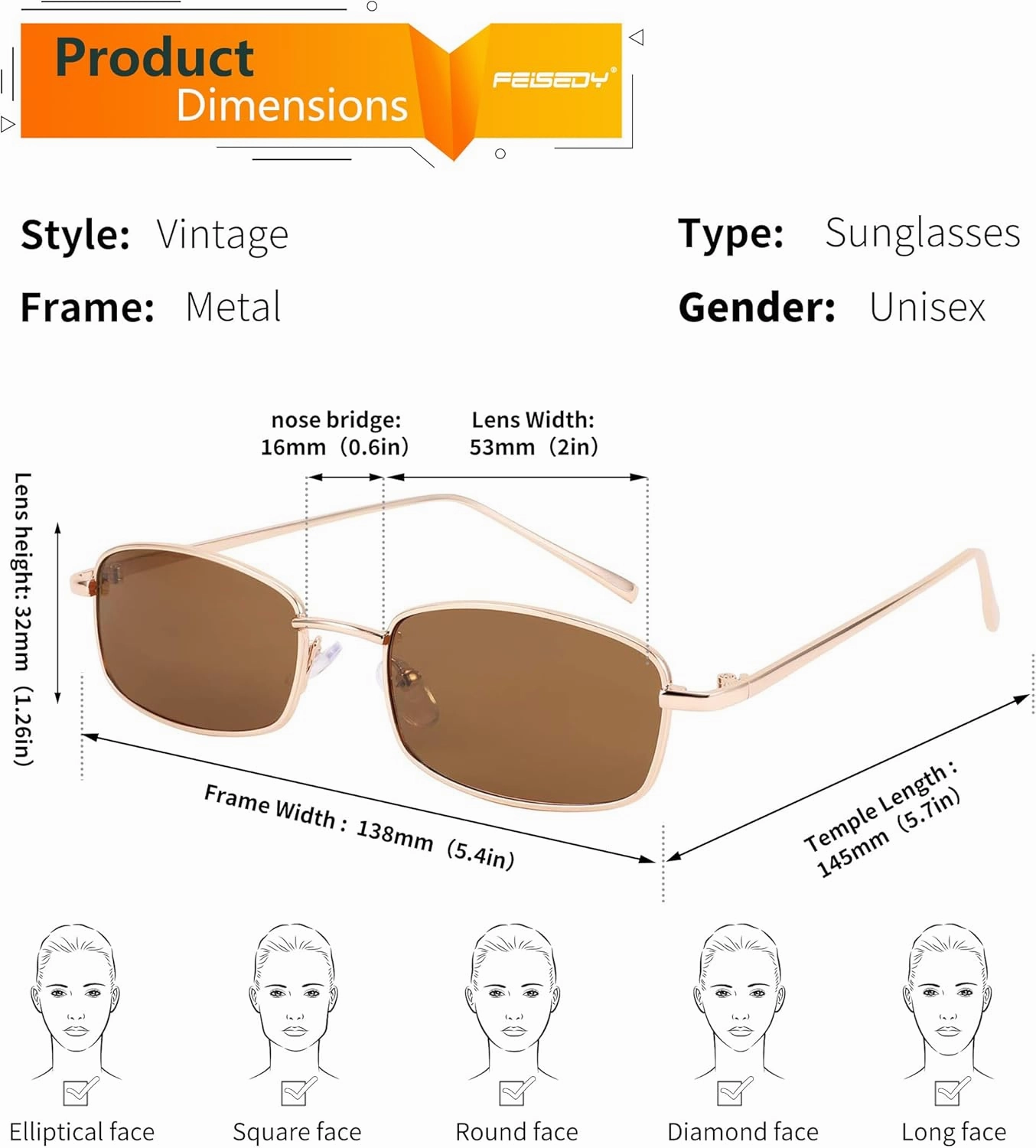 FEISEDY Vintage Small Rectangle Sunglasses Women Men Retro Trendy Square Metal Frame Sun Glasses B2295