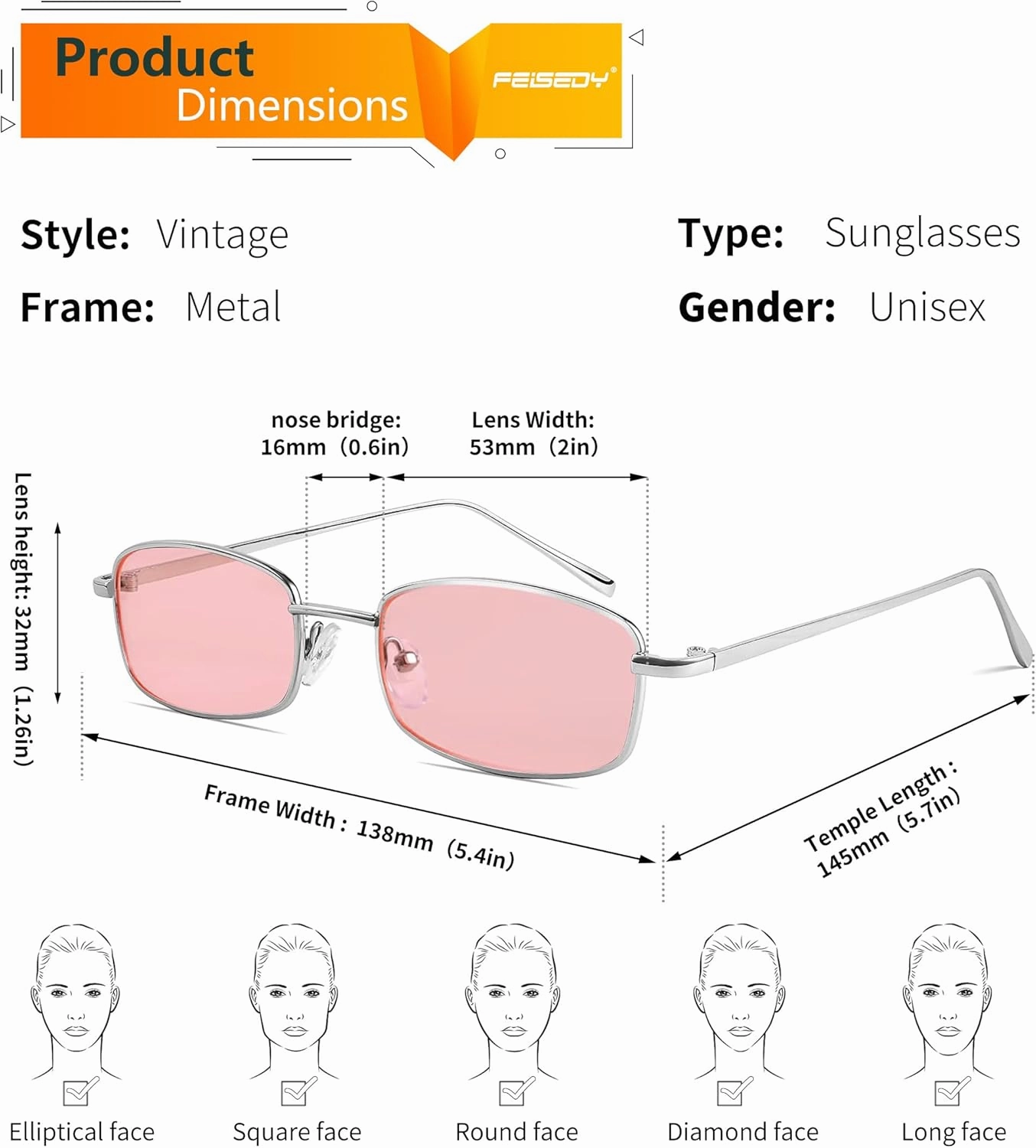 FEISEDY Vintage Small Rectangle Sunglasses Women Men Retro Trendy Square Metal Frame Sun Glasses B2295