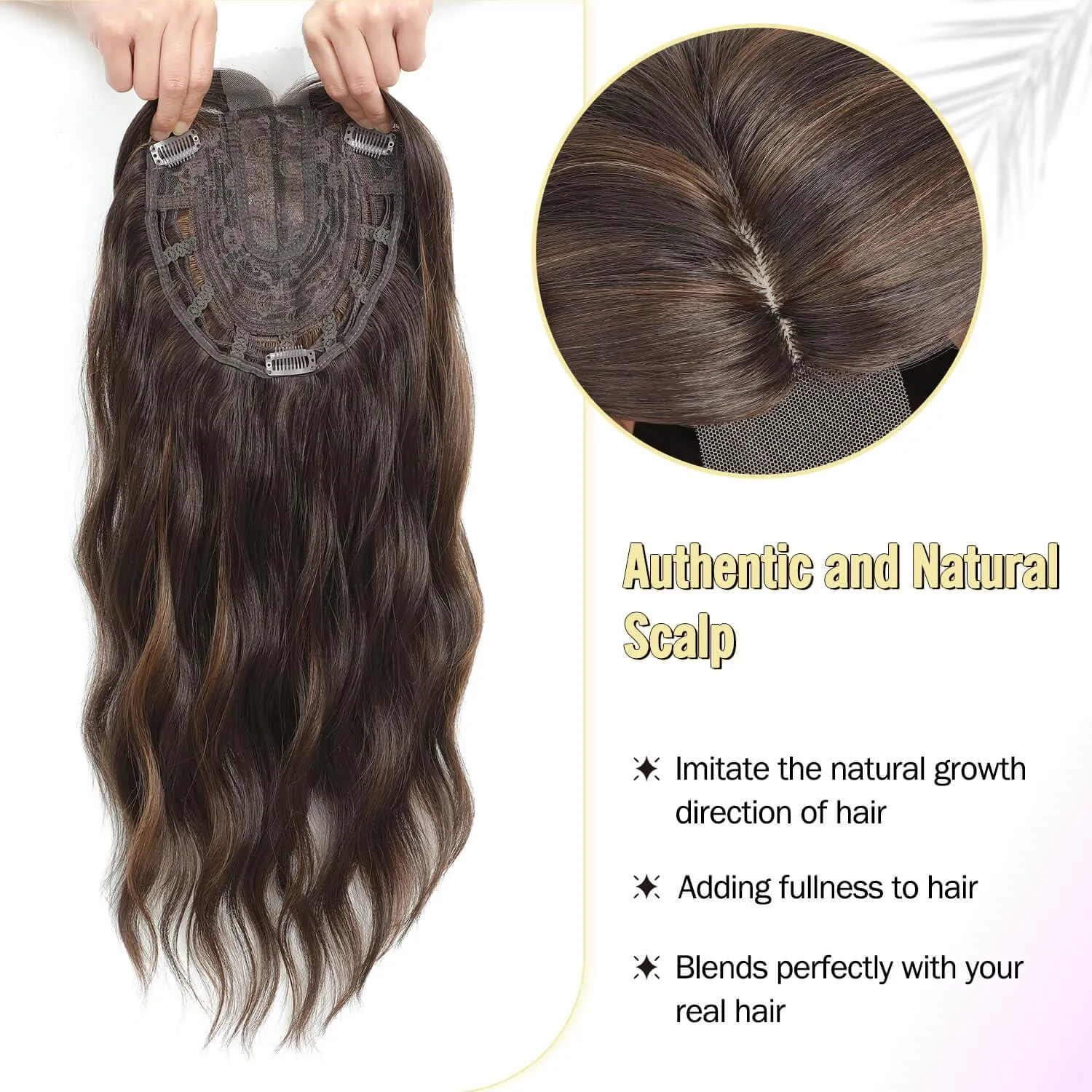 Fine Plus 20 Inch Synthetic Wavy Hair Toppers for Women – 7"x7" Large Base Clip-In Topper Wiglet for Thinning Hair – Natural-Looking Dark Brown with Highlights