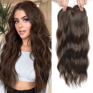 Fine Plus 20 Inch Synthetic Wavy Hair Toppers for Women – 7"x7" Large Base Clip-In Topper Wiglet for Thinning Hair – Natural-Looking Dark Brown with Highlights