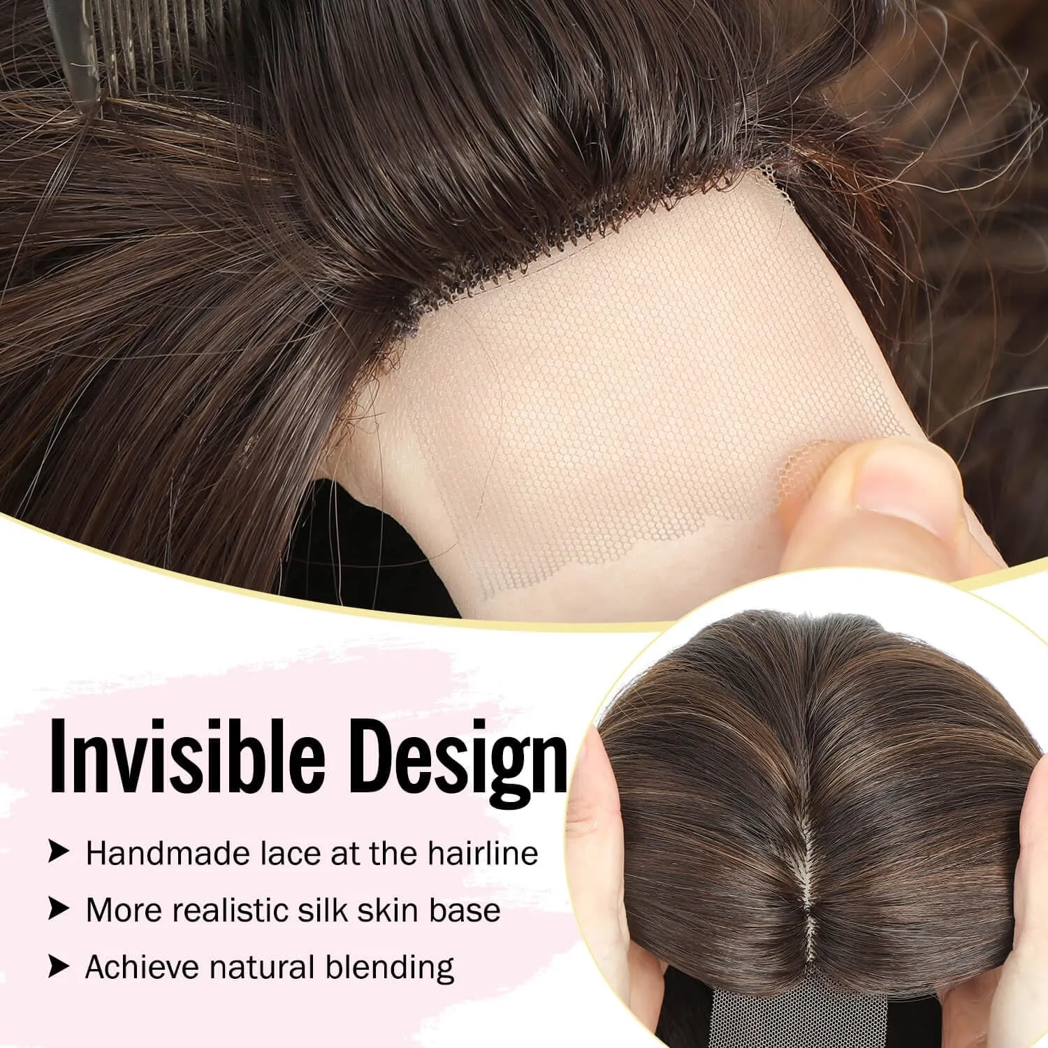 Fine Plus 20 Inch Synthetic Wavy Hair Toppers for Women – 7"x7" Large Base Clip-In Topper Wiglet for Thinning Hair – Natural-Looking Dark Brown with Highlights
