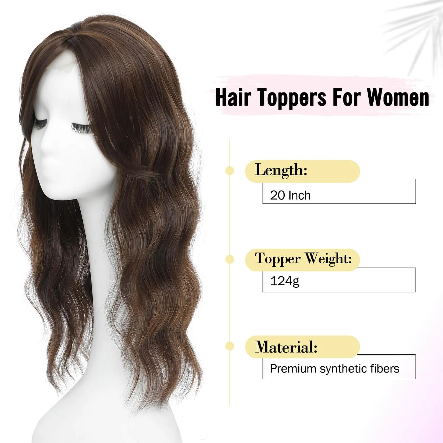 Fine Plus 20 Inch Synthetic Wavy Hair Toppers for Women – 7"x7" Large Base Clip-In Topper Wiglet for Thinning Hair – Natural-Looking Dark Brown with Highlights