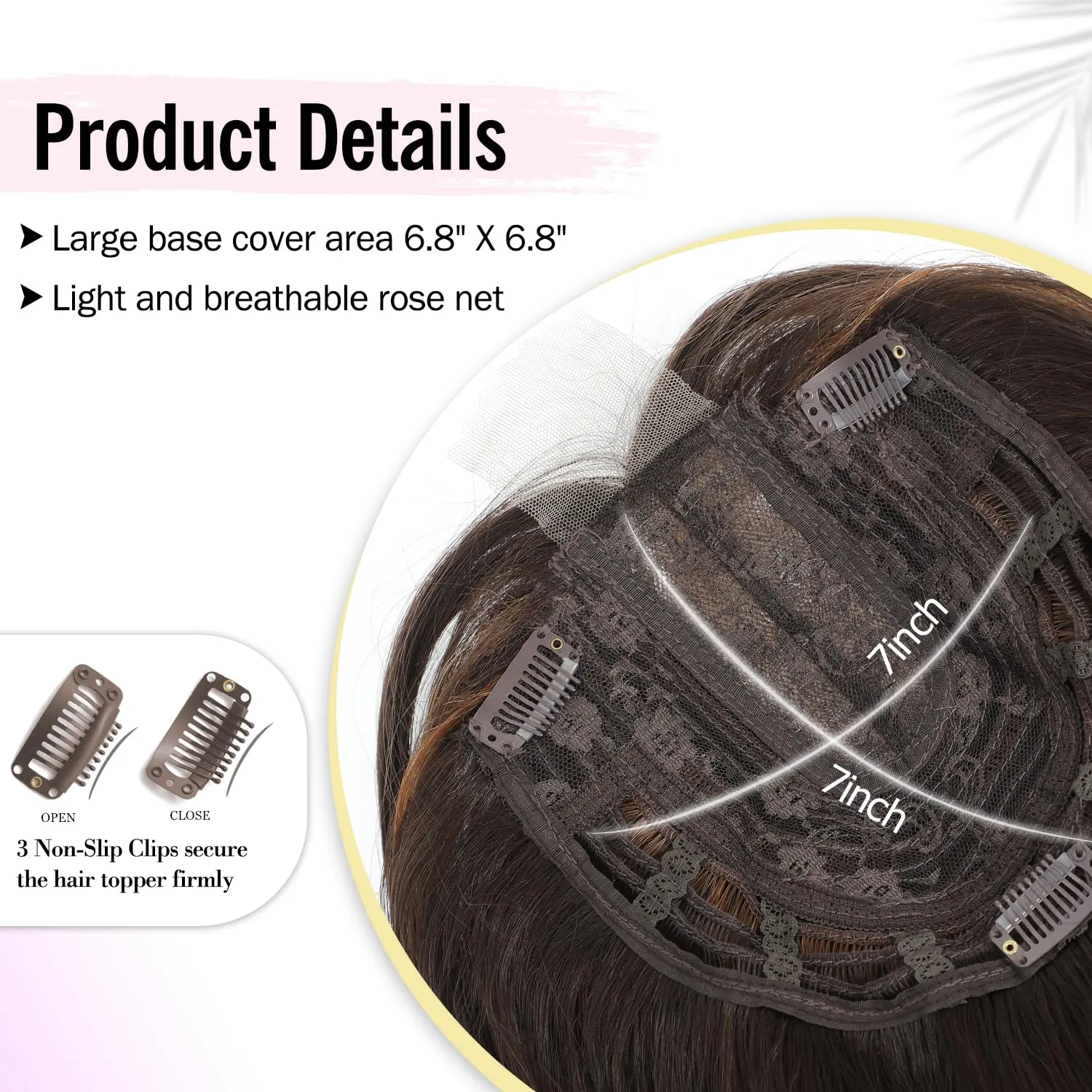 Fine Plus 20 Inch Synthetic Wavy Hair Toppers for Women – 7"x7" Large Base Clip-In Topper Wiglet for Thinning Hair – Natural-Looking Dark Brown with Highlights
