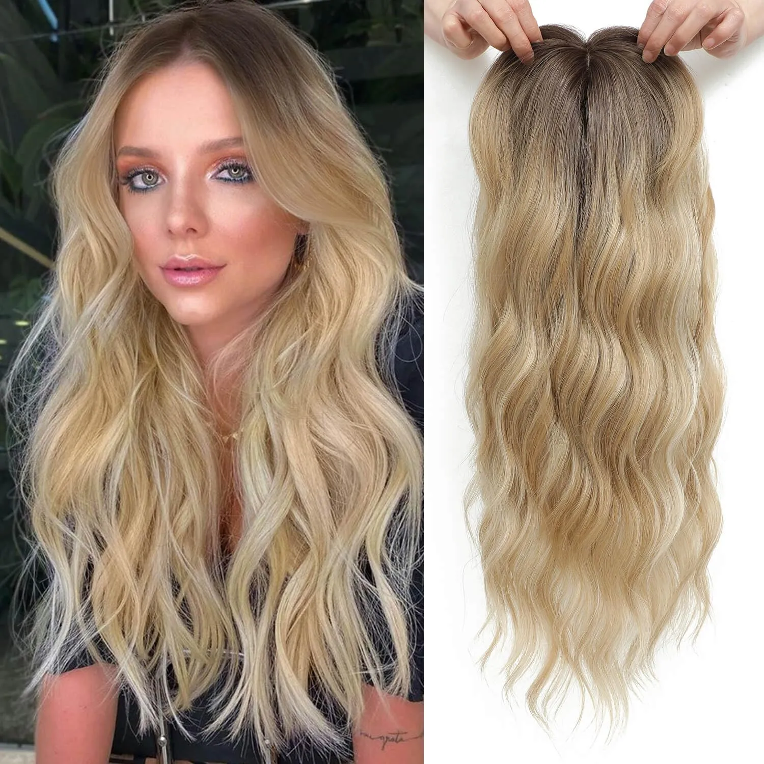 Fine Plus 20inch Hair Topper 7"X7" Hair Toppers for Women Synthetic Wavy Toppers Hair Pieces for Women Large Base Wiglets Ladies Clip in Hair Topper-Champagne Blonde with Dark Root