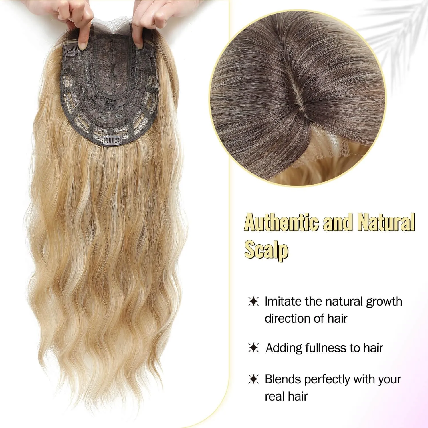 Fine Plus 20inch Hair Topper 7"X7" Hair Toppers for Women Synthetic Wavy Toppers Hair Pieces for Women Large Base Wiglets Ladies Clip in Hair Topper-Champagne Blonde with Dark Root