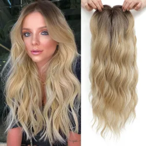 Fine Plus 20inch Hair Topper 7"X7" Hair Toppers for Women Synthetic Wavy Toppers Hair Pieces for Women Large Base Wiglets Ladies Clip in Hair Topper-Champagne Blonde with Dark Root