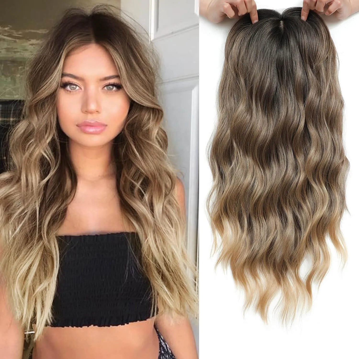 Fine Plus 20" Synthetic Wavy Hair Topper, 7"x7" Large Base, Clip-in Wiglet for Women – 3-Tone Rich Brown with Dark Root.
