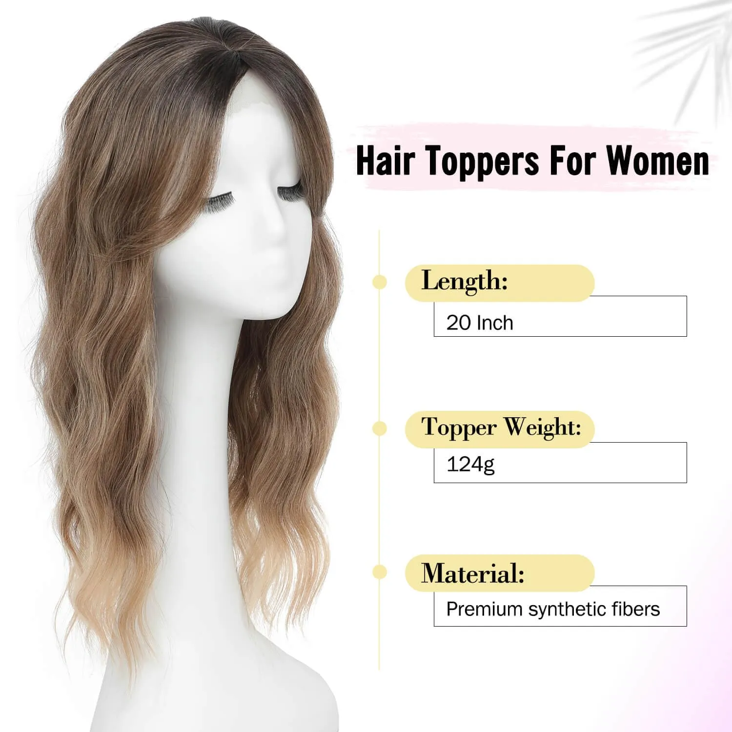 Fine Plus 20" Synthetic Wavy Hair Topper, 7"x7" Large Base, Clip-in Wiglet for Women – 3-Tone Rich Brown with Dark Root.
