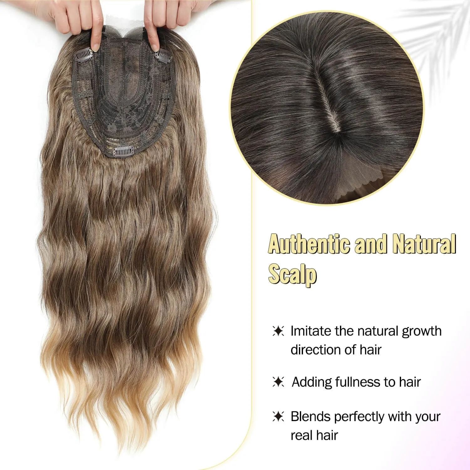 Fine Plus 20" Synthetic Wavy Hair Topper, 7"x7" Large Base, Clip-in Wiglet for Women – 3-Tone Rich Brown with Dark Root.