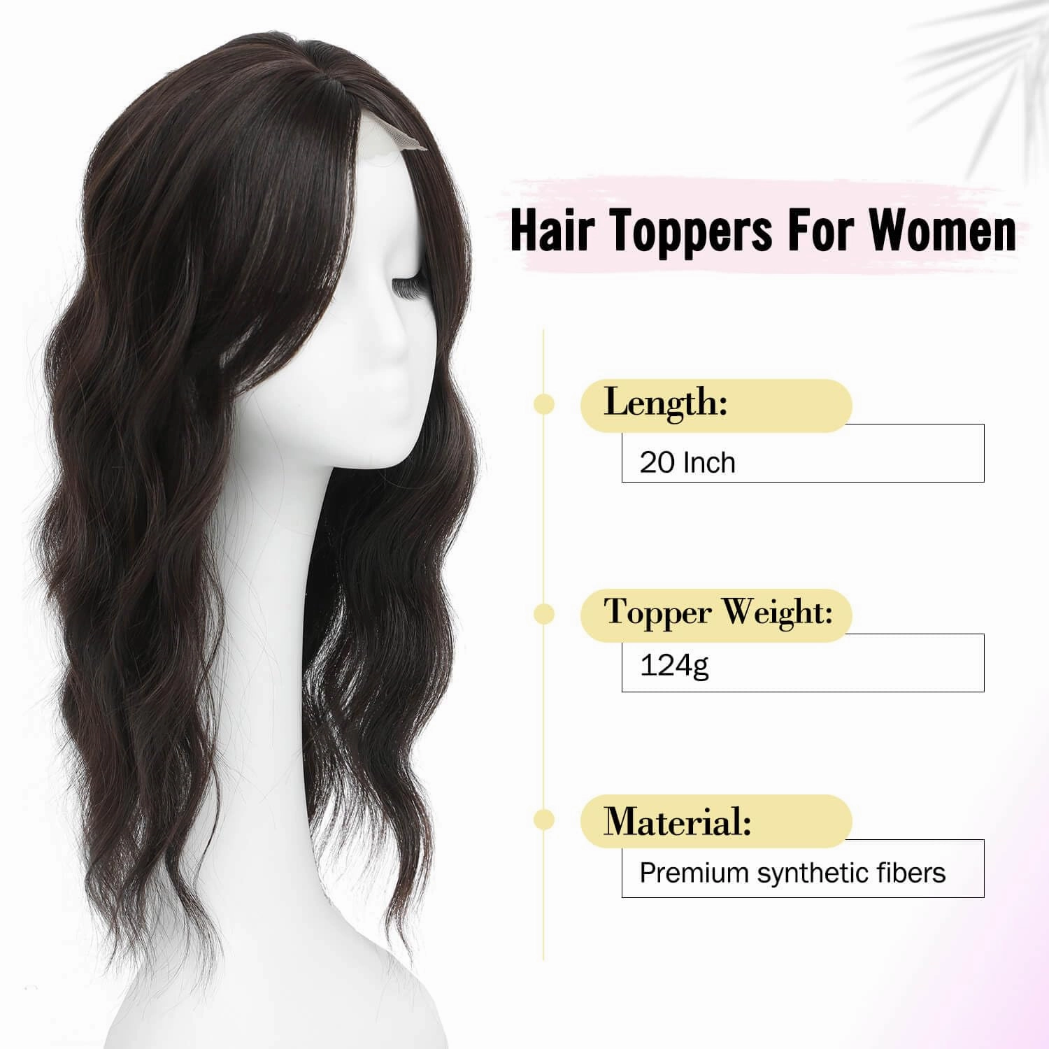 Fine Plus 20inch Hair Topper 7"X7" Hair Toppers for Women with Thinning Hair Synthetic Wavy Toppers Hair Pieces for Women Large Base Wiglets Ladies Clip in Hair Topper-Brown Black