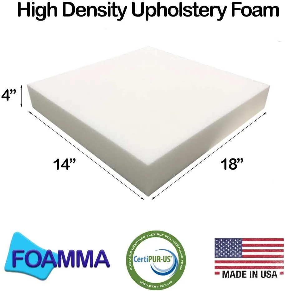 Foamma 4" x 14" x 18" High Density Upholstery Foam, Chair Cushion Square Foam for Dining Chairs, Wheelchair Seat Cushion Replacement