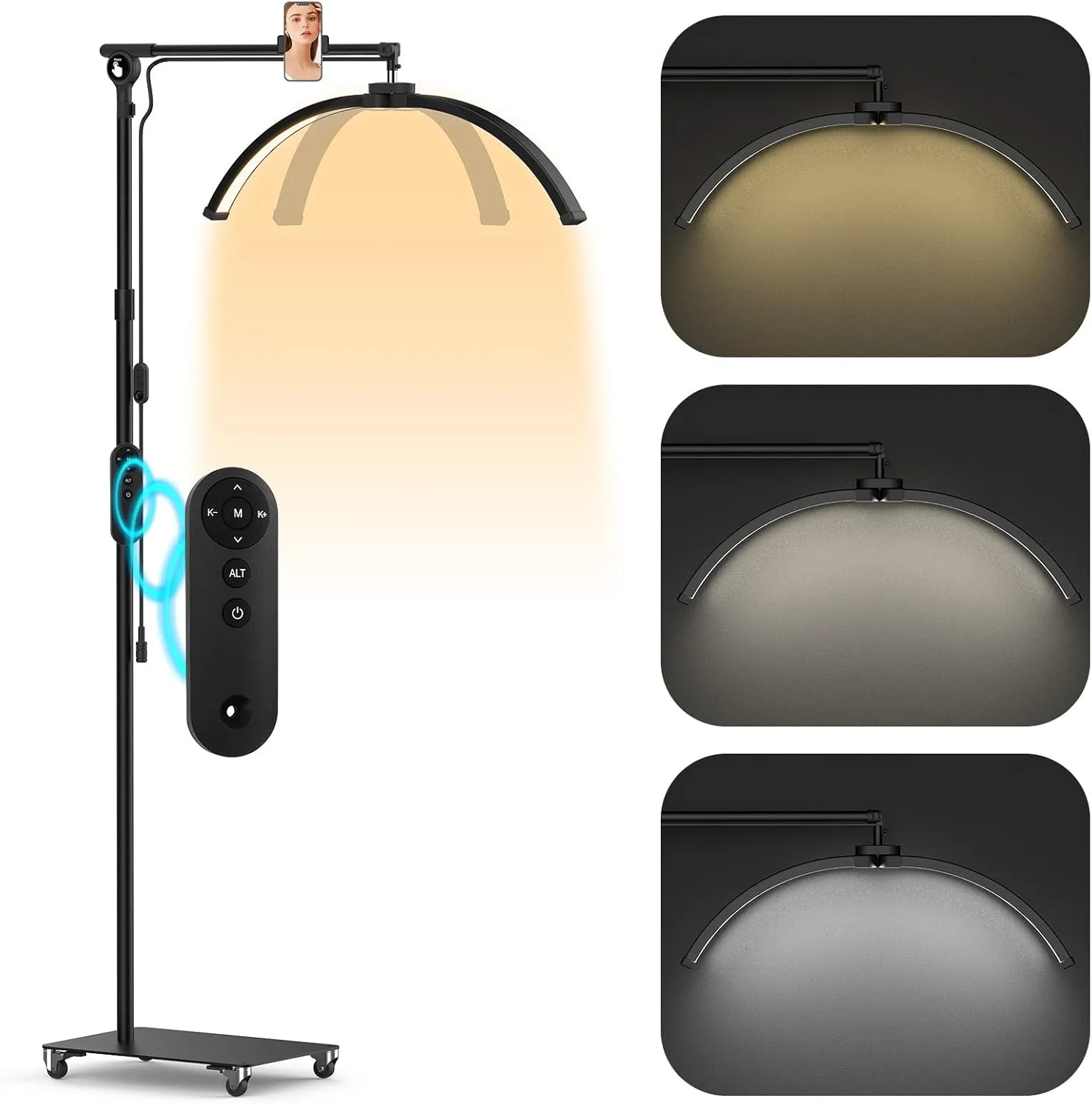 Foldable Half Moon Light, Lash Lamp with Phone Holder for Eyelash Extension, Esthetician, Tattoo, Skincare, Nail Art Tech, Beauty Salon, Eyebrows, Floor Arch Led Light with Wheels