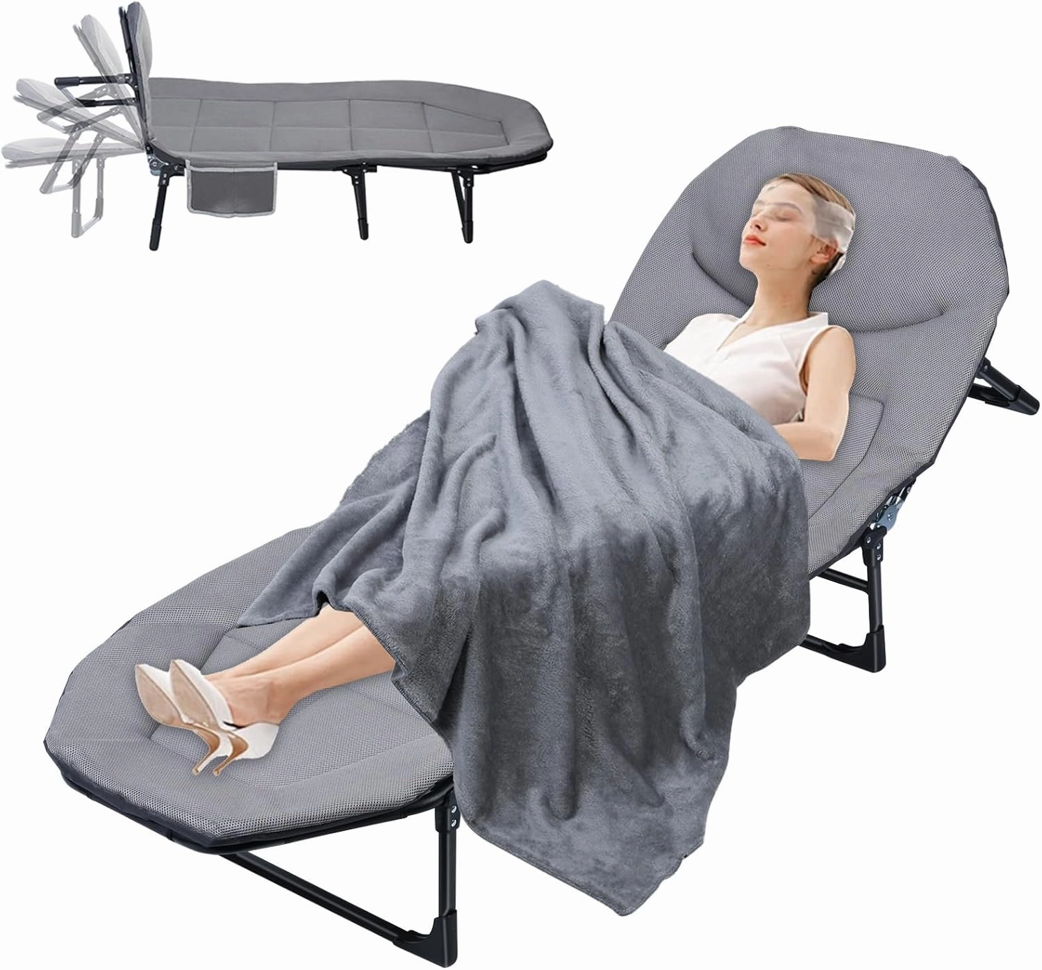 Folding Camping Cot,Adjustable 5-Position Adults Reclining Lounge Chairs with Blanket,550lb Weight Capacity,Folding Cot for Outdoor Camping,Office,Home