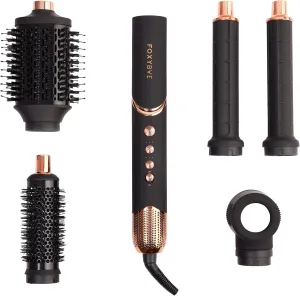 FoxyBae Interchangeable 5-in-1 Super Styler Pro Hair Styling Curling Iron Set - w/Drying Cylinder, Ceramic Blowout & Round Brushes, 2 Auto-Wrap Curlers - for Frizz-Free, Smooth Hair (Black-Rose Gold)