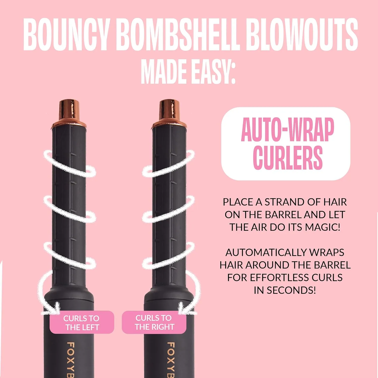 FoxyBae Interchangeable 5-in-1 Super Styler Pro Hair Styling Curling Iron Set - w/Drying Cylinder, Ceramic Blowout & Round Brushes, 2 Auto-Wrap Curlers - for Frizz-Free, Smooth Hair (Black-Rose Gold)