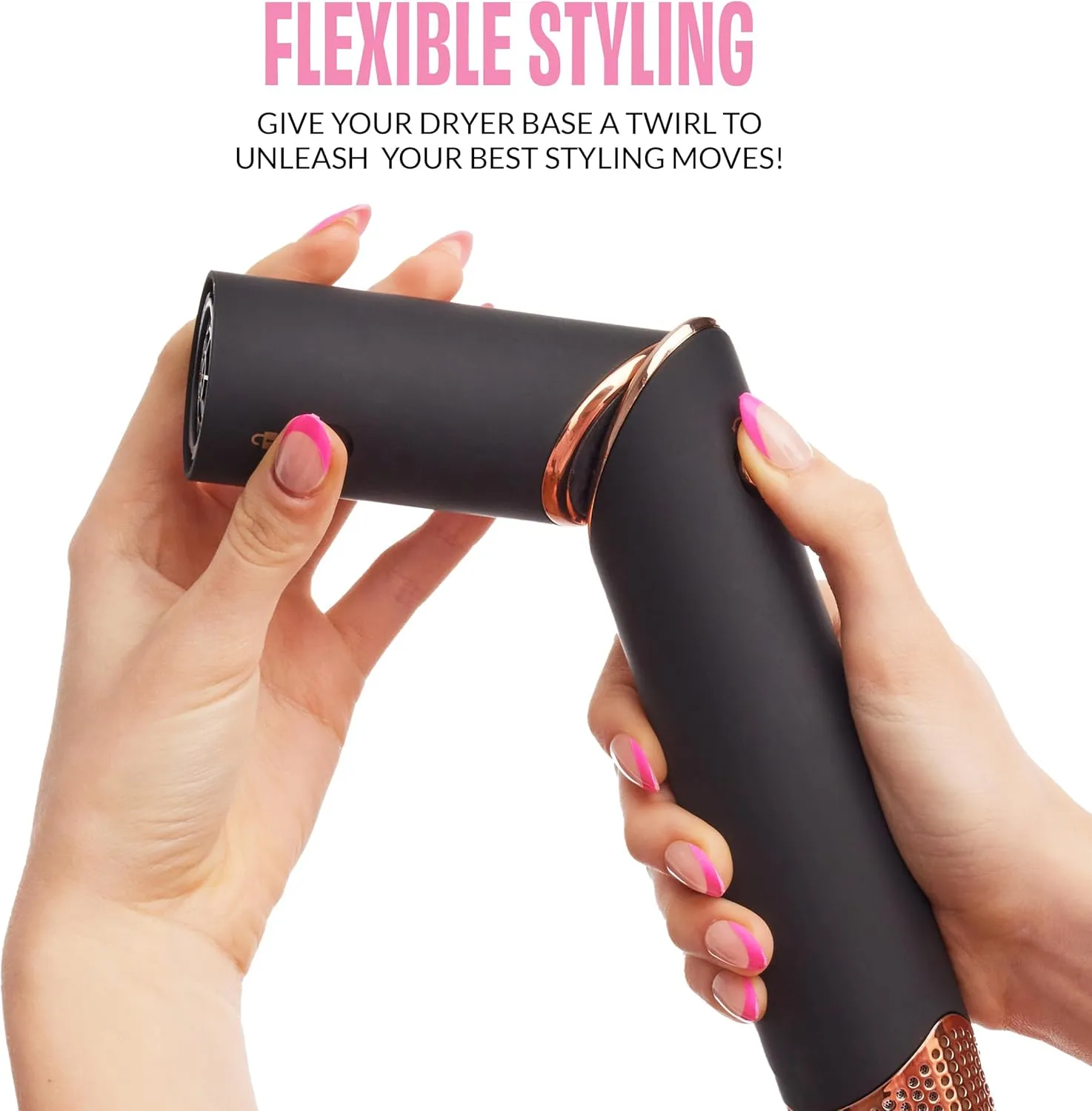 FoxyBae Interchangeable 5-in-1 Super Styler Pro Hair Styling Curling Iron Set - w/Drying Cylinder, Ceramic Blowout & Round Brushes, 2 Auto-Wrap Curlers - for Frizz-Free, Smooth Hair (Black-Rose Gold)