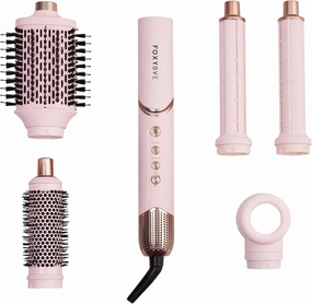 FoxyBae Interchangeable 5-in-1 Super Styler Pro Hair Styling Curling Iron Set - w/Drying Cylinder, Ceramic Blowout & Round Brushes, 2 Auto-Wrap Curlers - for Frizz-Free, Smooth Hair (Blush)