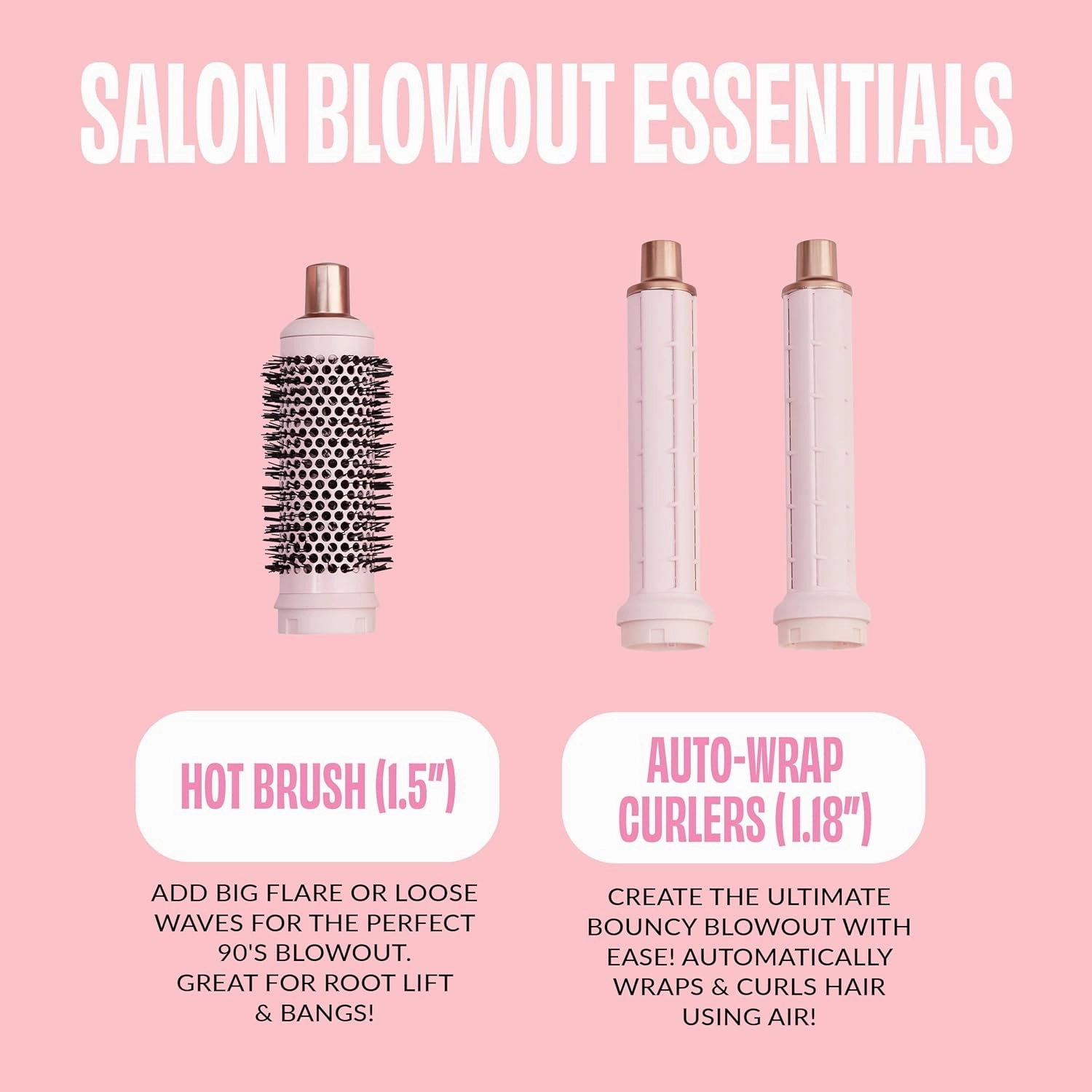 FoxyBae Interchangeable 5-in-1 Super Styler Pro Hair Styling Curling Iron Set - w/Drying Cylinder, Ceramic Blowout & Round Brushes, 2 Auto-Wrap Curlers - for Frizz-Free, Smooth Hair (Blush)