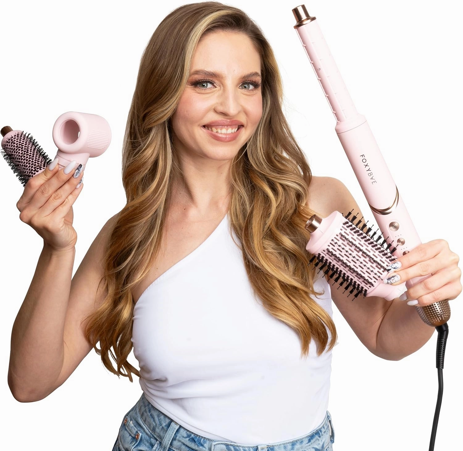 FoxyBae Interchangeable 5-in-1 Super Styler Pro Hair Styling Curling Iron Set - w/Drying Cylinder, Ceramic Blowout & Round Brushes, 2 Auto-Wrap Curlers - for Frizz-Free, Smooth Hair (Blush)