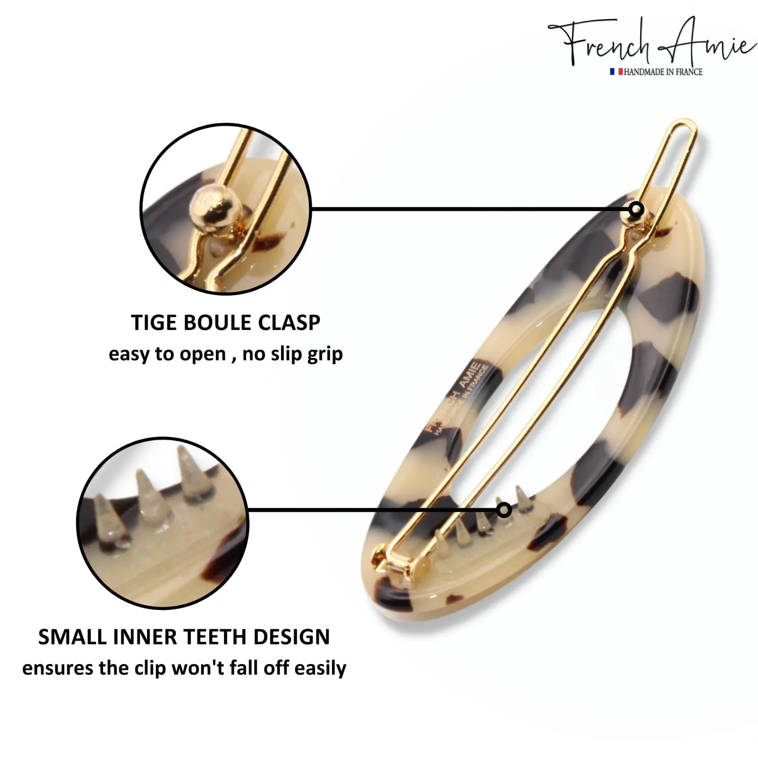 French Amie Oval Small 2 1/4” White Tokyo Celluloid Acetate Set of 2 Side Slide In Strong Hold Hair Clip Barrettes with Tige Boule Clasp for Girls and Women, Made in France