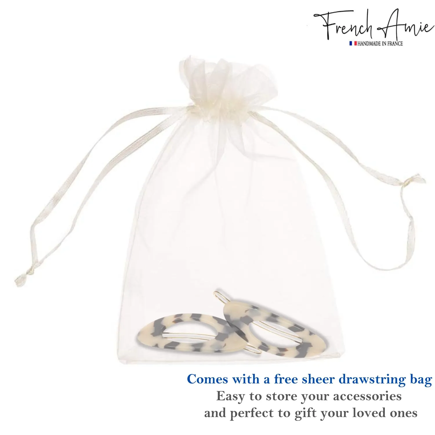 French Amie Oval Small 2 1/4” White Tokyo Celluloid Acetate Set of 2 Side Slide In Strong Hold Hair Clip Barrettes with Tige Boule Clasp for Girls and Women, Made in France