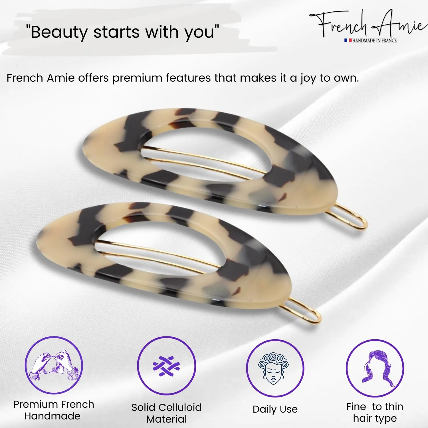 French Amie Oval Small 2 1/4” White Tokyo Celluloid Acetate Set of 2 Side Slide In Strong Hold Hair Clip Barrettes with Tige Boule Clasp for Girls and Women, Made in France