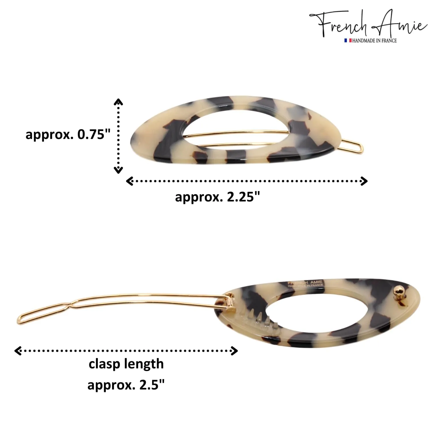 French Amie Oval Small 2 1/4” White Tokyo Celluloid Acetate Set of 2 Side Slide In Strong Hold Hair Clip Barrettes with Tige Boule Clasp for Girls and Women, Made in France