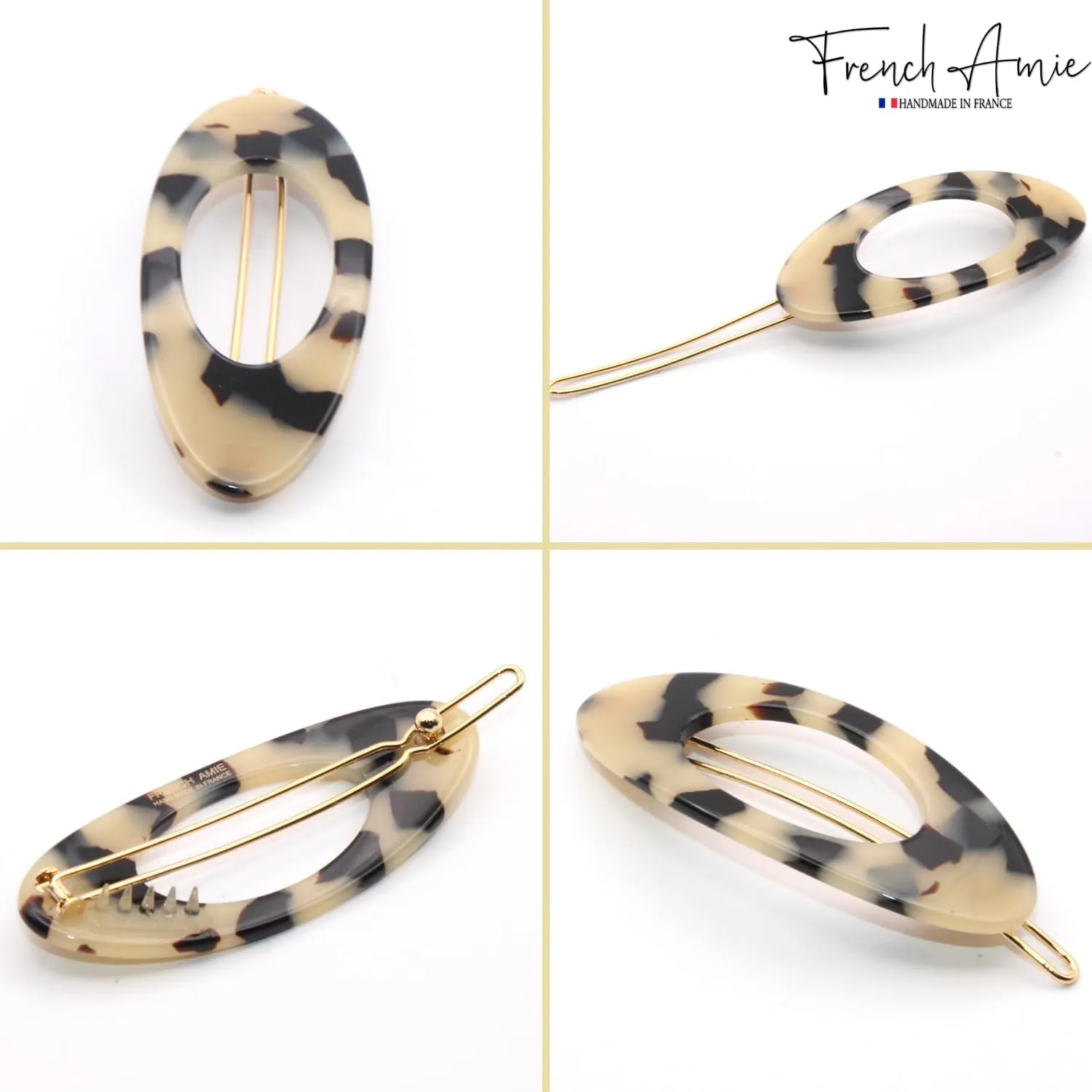 French Amie Oval Small 2 1/4” White Tokyo Celluloid Acetate Set of 2 Side Slide In Strong Hold Hair Clip Barrettes with Tige Boule Clasp for Girls and Women, Made in France