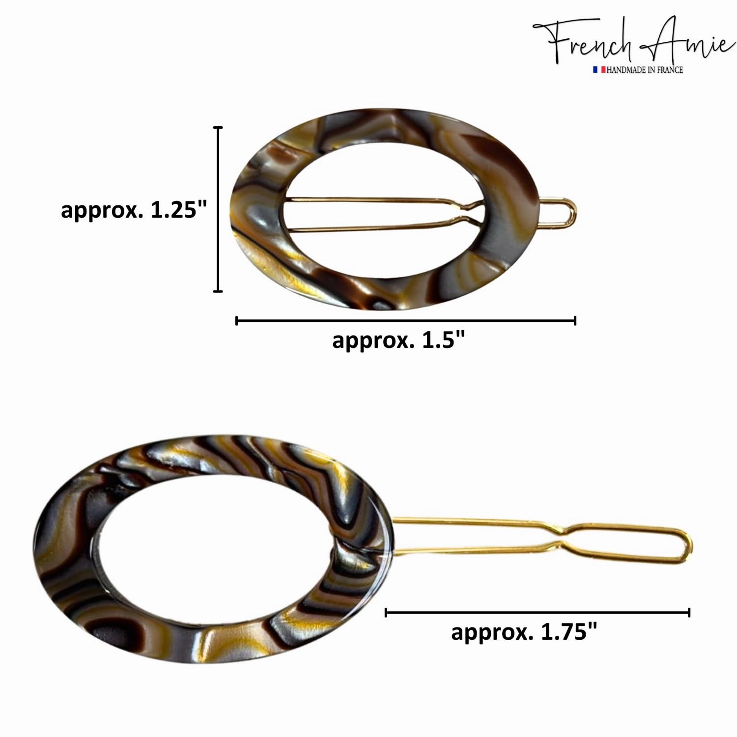 French Amie Oval Hoop Small 1 1/2” Onyx Celluloid Handmade Snap Hair Clips for Women Tige Boule Clasp Side Slide-in Barrette Clip Hair Accessories for Girl - 2 Pieces