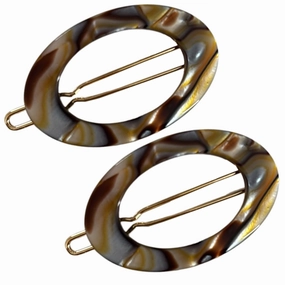 French Amie Oval Hoop Small 1 1/2” Onyx Celluloid Handmade Snap Hair Clips for Women Tige Boule Clasp Side Slide-in Barrette Clip Hair Accessories for Girl - 2 Pieces