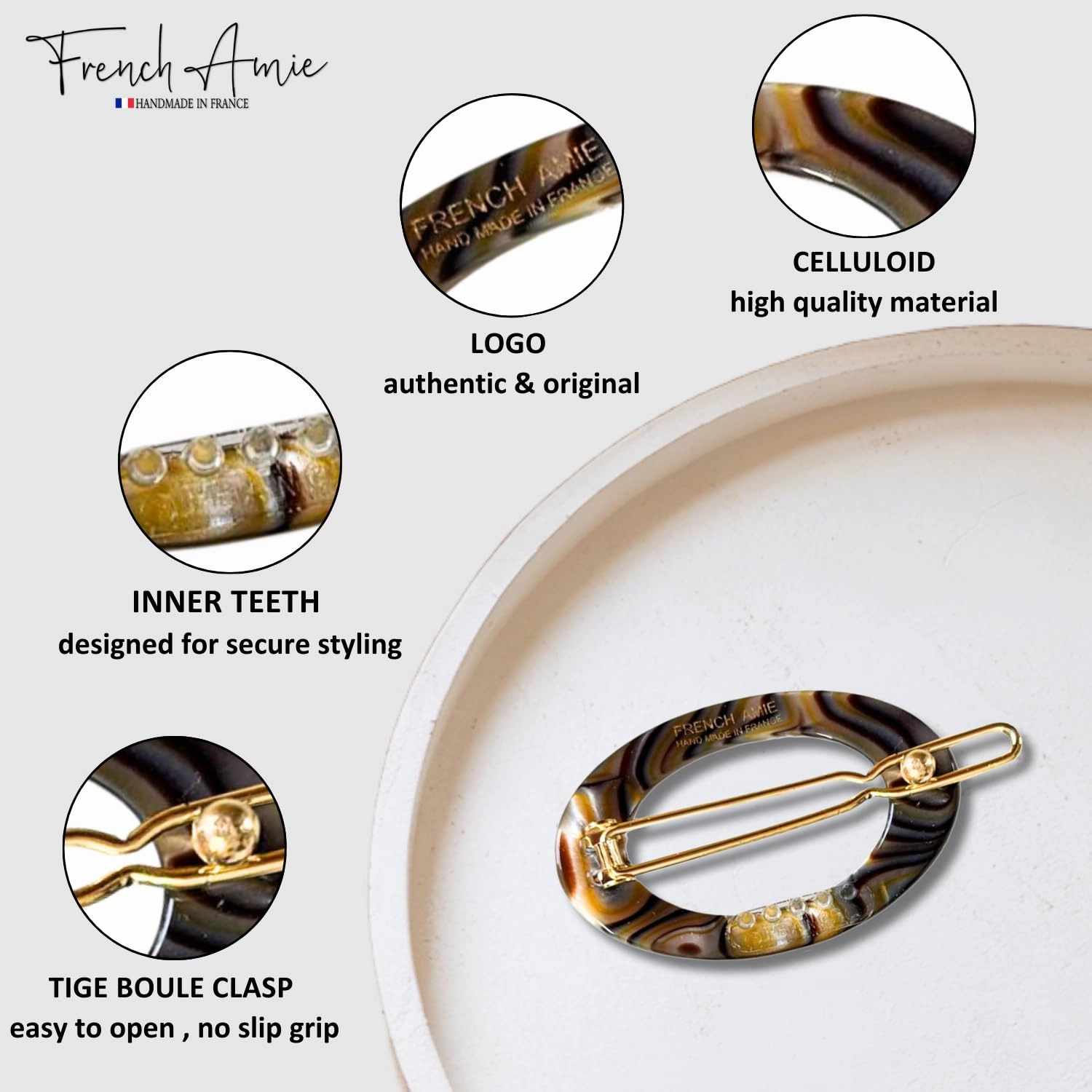 French Amie Oval Hoop Small 1 1/2” Onyx Celluloid Handmade Snap Hair Clips for Women Tige Boule Clasp Side Slide-in Barrette Clip Hair Accessories for Girl - 2 Pieces